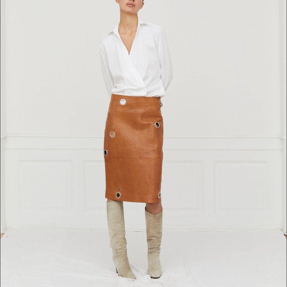 Saks Potts Ania Lamb Leather Cognac Midi Skirt Size XS